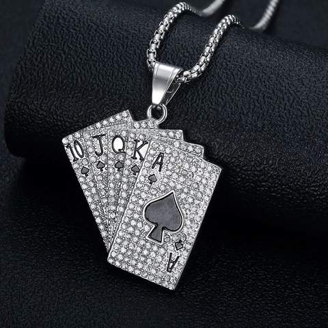 Hiphop Roestvrij Staal Poker Royal Flush Hanger Ketting Iced Out Strass Speelkaart Schoppen Hanger Halsketting Voor Heren Dames