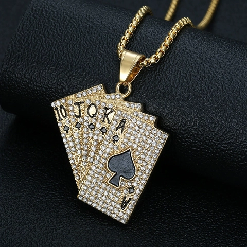 Hiphop Roestvrij Staal Poker Royal Flush Hanger Ketting Iced Out Strass Speelkaart Schoppen Hanger Halsketting Voor Heren Dames