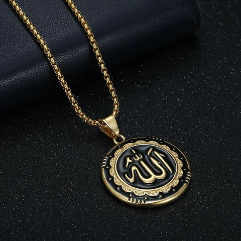 Collana con Ciondolo Rotondo Allah Calligrafia Araba in Acciaio Inossidabile Hip Hop per Uomo Donna Gioielli Religiosi Oro Argento