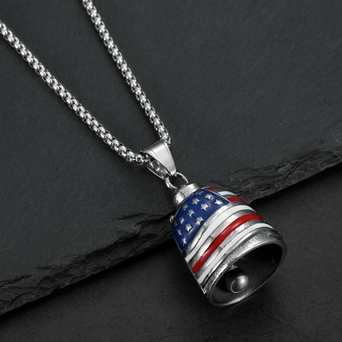 Polished Stainless Steel American Flag Guardian Bell Pendant Necklace Patriotic Stars Stripes Biker Protection Rider Jewelry