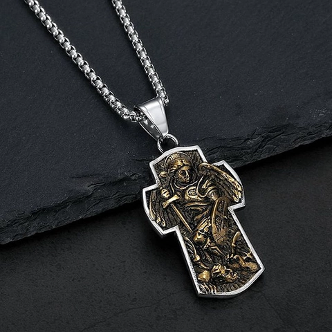 Collar con Colgante de Cruz de San Miguel Arcángel de Acero Inoxidable Vintage Joyería Religiosa Cristiana Bicolor para Hombres Mujeres