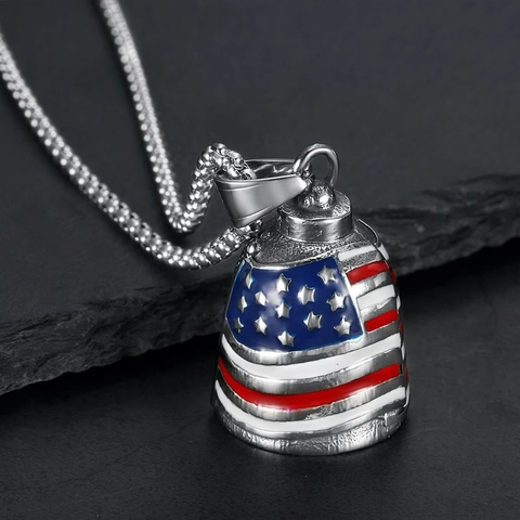 Polished Stainless Steel American Flag Guardian Bell Pendant Necklace Patriotic Stars Stripes Biker Protection Rider Jewelry