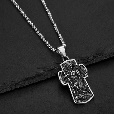 Collar con Colgante de Cruz de San Miguel Arcángel de Acero Inoxidable Vintage Joyería Religiosa Cristiana Bicolor para Hombres Mujeres