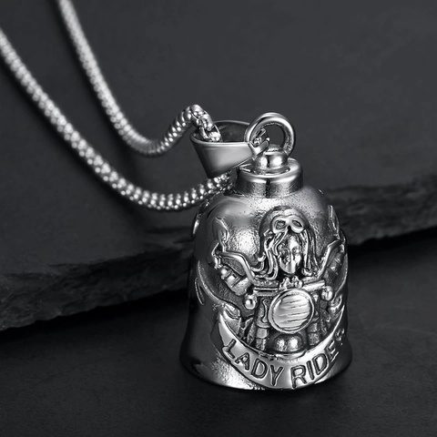 Collana con Ciondolo Lady Rider Vintage in Acciaio Inossidabile Campana del Guardiano Rilievo Motocicletta Biker Gioielli Donna