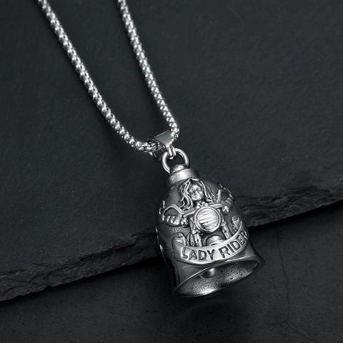 Collana con Ciondolo Lady Rider Vintage in Acciaio Inossidabile Campana del Guardiano Rilievo Motocicletta Biker Gioielli Donna