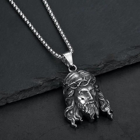 Collana con Ciondolo Ritratto Testa di Gesù in Acciaio Inossidabile Hip Hop per Uomo Gioielli Galvanici Religiosi Retrò