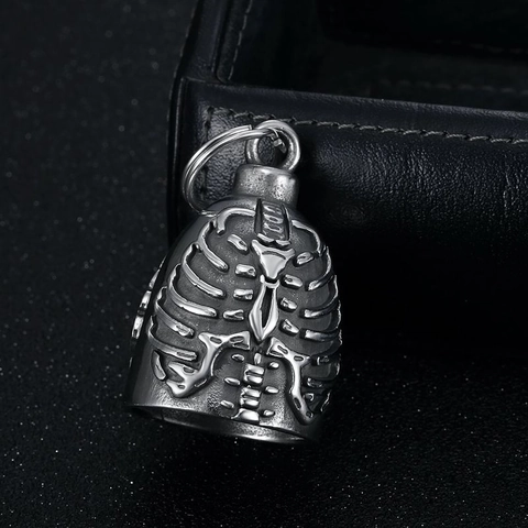 Ciondolo Portachiavi a Forma di Campana in Acciaio Inossidabile con Costole di Scheletro Rétro Accessorio Gotico Biker Punk per Uomo Donna