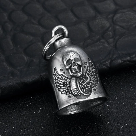 Edelstahl Schutzglocke Schlüsselanhänger Für Motorrad Retro Punk Totenkopf Flügel Relief Glocke Schlüsselring Zubehör
