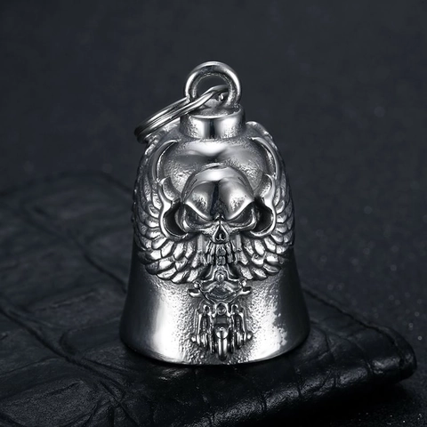 Edelstahl Biker Wächterglocke Schlüsselanhänger Vintage Schädel Flügel Motorrad Glocke Schmuck Für Herren Damen