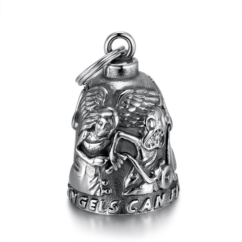 Vintage Stainless Steel Motorcycle Guardian Bell Keychain Angel Skull Relief Pendant Angels Can Fly Engraved Biker Lucky Charm