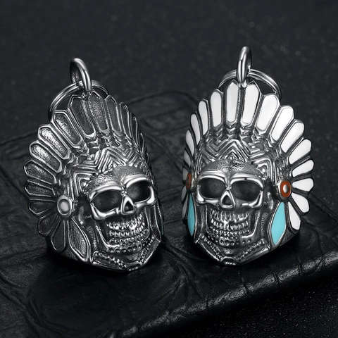 Stainless Steel Indian Chief Skull Guardian Bell Keychain Retro Punk Biker Bell Pendant Ornament For Men Riding Jewelry
