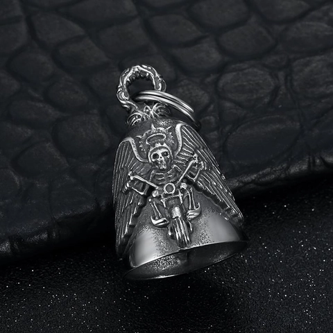 Portachiavi Campanello Guardian Bell in Acciaio Inossidabile Moto Vintage Teschio Alato Ciondolo per Uomo Gioielli Gothic Punk