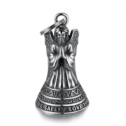 Ciondolo Campana Angelo Custode in Acciaio Inossidabile Vintage Per Motociclista Ride Safely Love You Protezione Ali Campana Regalo