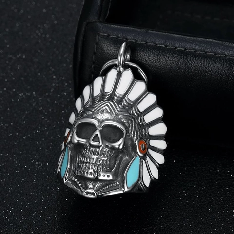 Stainless Steel Indian Chief Skull Guardian Bell Keychain Retro Punk Biker Bell Pendant Ornament For Men Riding Jewelry