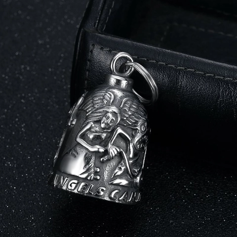 Vintage Stainless Steel Motorcycle Guardian Bell Keychain Angel Skull Relief Pendant Angels Can Fly Engraved Biker Lucky Charm