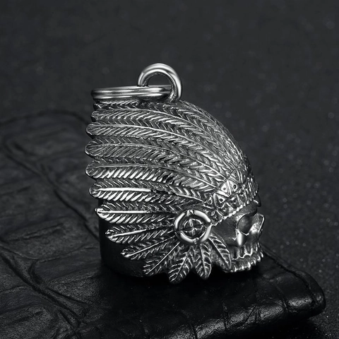 Pendente a Campana in Acciaio Inossidabile Vintage Teschio Capo Indiano per Uomo Biker Gothic Punk Gioielli da Moto Regalo