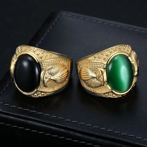 Hip Hop Stainless Steel Eagle Ring For Men Vintage Gold Plated Rhinestone Cat Eye Stone Punk Rock Mens Signet Finger Ring