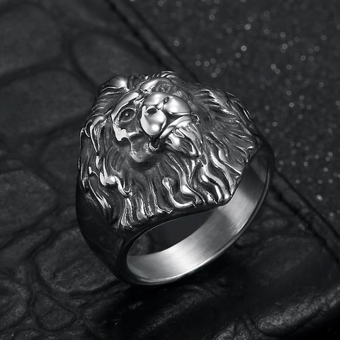 Vintage Stainless Steel Lion Head Ring For Men Punk Gothic Animal Biker Band Jewelry Lion Head Relief Ring