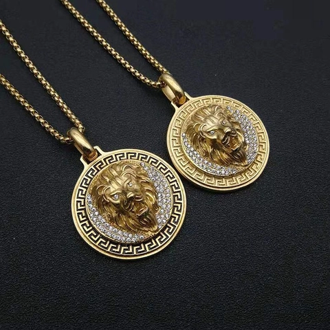 Hip Hop Stainless Steel Lion Head Pendant Necklace With Rhinestone Gold Plated Greek Meander Pattern Jewelry For Men