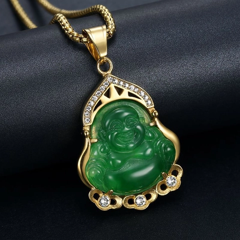 Collier Pendentif Bouddha Maitreya Hip Hop en Acier Inoxydable Plaqué Or pour Hommes Femmes Bijoux Religieux en Résine Imitation Jade et Strass