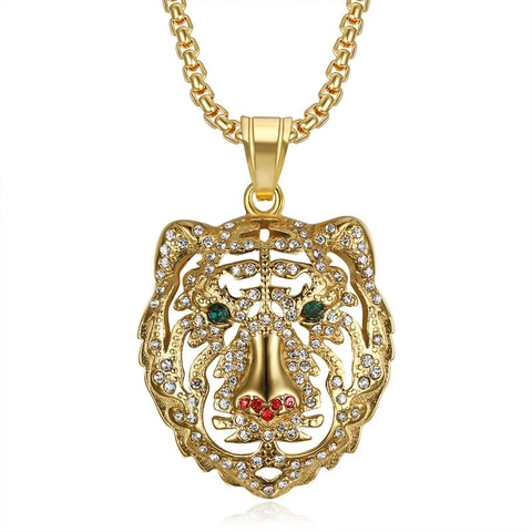 Collana con Pendente Testa di Tigre in Acciaio Inossidabile 316 Hip Hop per Uomo Donna Gioielli Animali con Strass Oro