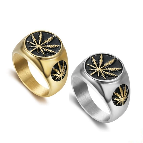 Hip Hop Roestvrij Staal Heren Zegelring Vintage Goud Zilver Tweekleurig Bladpatroon Reliëf Individuele Streetwear Punk Ring Sieraden