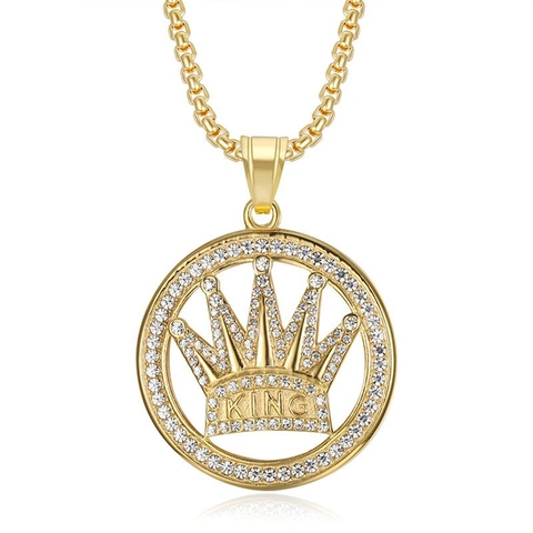 Hip Hop 316 Stainless Steel Pave Rhinestone King Crown Round Pendant Necklace Gold Plated Personalized Men Fashion Jewelry