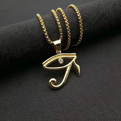 Stainless Steel Eye of Horus Pendant Necklace Gold Egyptian Amulet Rhinestone Inlaid Hip Hop Jewelry Gift For Men Women