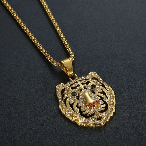 Collana con Pendente Testa di Tigre in Acciaio Inossidabile 316 Hip Hop per Uomo Donna Gioielli Animali con Strass Oro