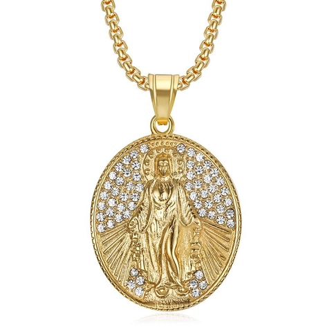 Collana Con Ciondolo Vergine Maria Hip Hop in Acciaio Inossidabile Placcato Oro Con Strass Per Uomo Donna Gioielli Religiosi Regalo
