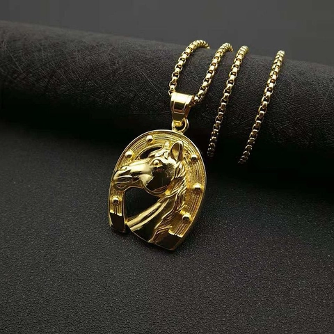 316 Stainless Steel Horse Head Horseshoe Pendant Necklace For Men Women Hip Hop Vacuum Gold Plated Lucky Animal Jewelry