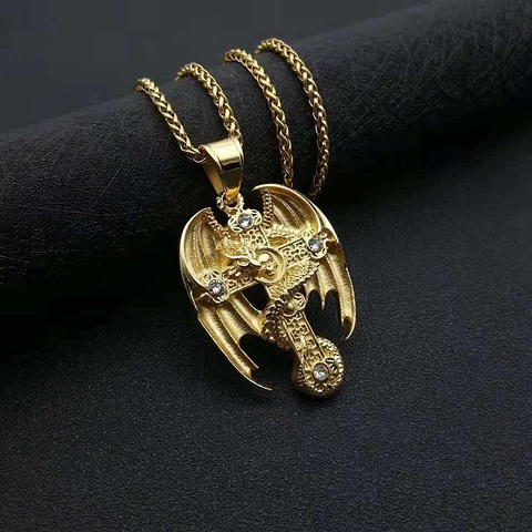 Collana con Ciondolo a Croce di Drago in Acciaio Inossidabile 316 Vintage per Uomo Placcato Oro Punk Gotico Teschio Strass Gioielli Hip Hop