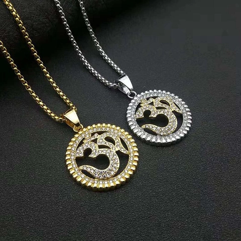 Collana con Ciondolo Simbolo Om in Acciaio Inossidabile 316 Hip Hop Strass Gioielli Yoga Religiosi per Uomo Donna