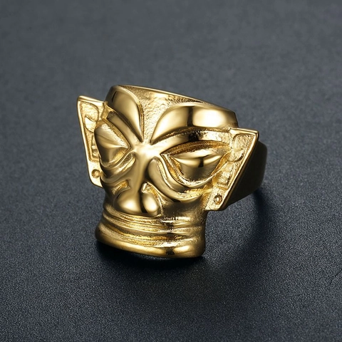 Retro Sanxingdui Maske Ring Herren Titanstahl Vakuum Vergoldet Hip Hop Ethno Stil Punk Band Ring Kulturgut Schmuck