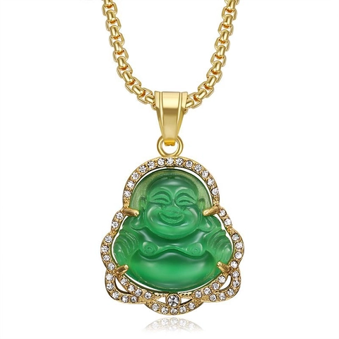 Collana con Ciondolo Buddha che Ride in Acciaio Inossidabile Vintage per Coppie Placcata Oro Strass Pietra Occhio di Gatto Gioielli Etnici