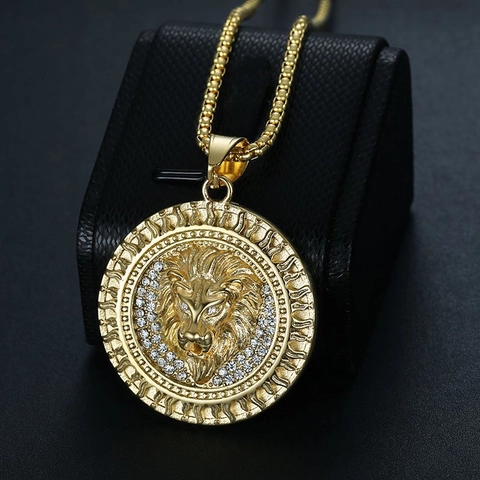 Hip Hop Stainless Steel Lion Head Medallion Pendant Necklace For Men Women Gold Silver Plated Rhinestone Animal Jewelry