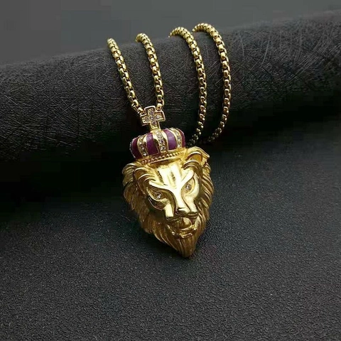 Collana con Ciondolo a Testa di Leone Hip Hop in Acciaio Inossidabile Placcato Oro con Corona di Strass Gioielli per Uomo