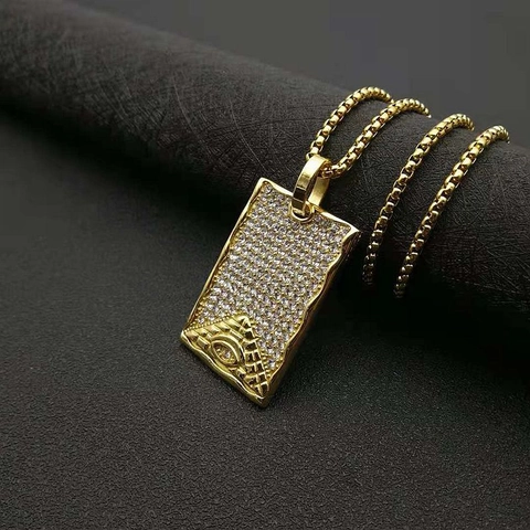 Collana con Ciondolo Rettangolo Piramide Occhio della Provvidenza in Acciaio Inossidabile Placcato Oro Hip Hop Gioielli Strass Unisex