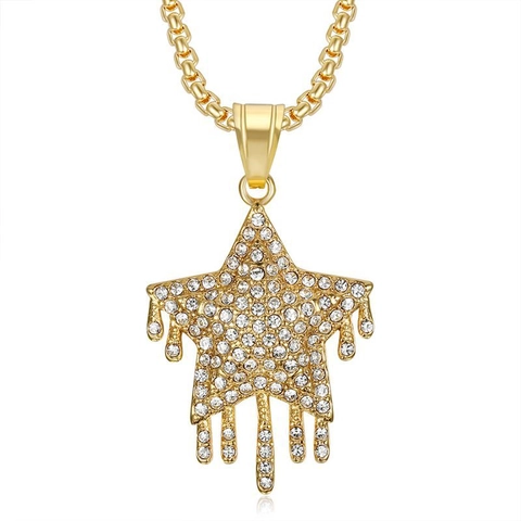 Collana Con Ciondolo a Stella Gocciolante in Acciaio Inossidabile Hip Hop Oro Argento Placcato Strass Gioielli Per Uomo Donna