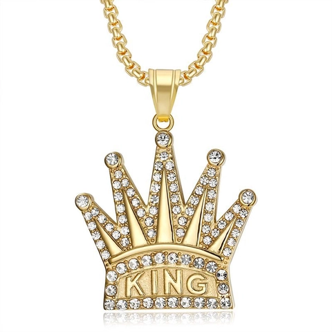 Stainless Steel King Crown Pendant Necklace Iced Out Rhinestone Hip Hop Jewelry For Men Women Gold Silver Plated Necklaces