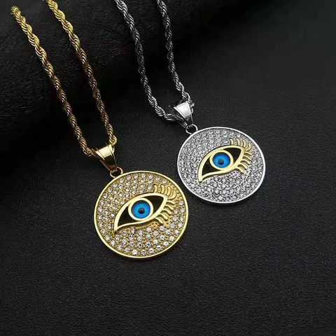 Hip Hop Stainless Steel Evil Eye Pendant Necklace For Men Women Iced Out Rhinestone Round Medallion Rope Chain Jewelry