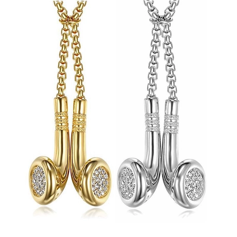 Collana con Ciondolo a Forma di Auricolare Wireless in Acciaio Inossidabile Hip Hop Oro Argento Placcato Strass Gioielli alla Moda per Uomo Donna