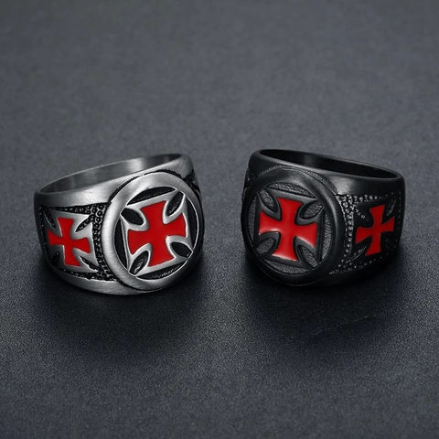 Anello da Uomo in Acciaio al Titanio Nero Vintage Punk Con Croce di Malta Rossa Smaltata Anello a Fascia Gotico Moto Gioielli Regalo