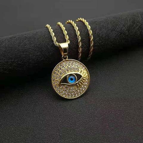 Hip Hop Stainless Steel Evil Eye Pendant Necklace For Men Women Iced Out Rhinestone Round Medallion Rope Chain Jewelry