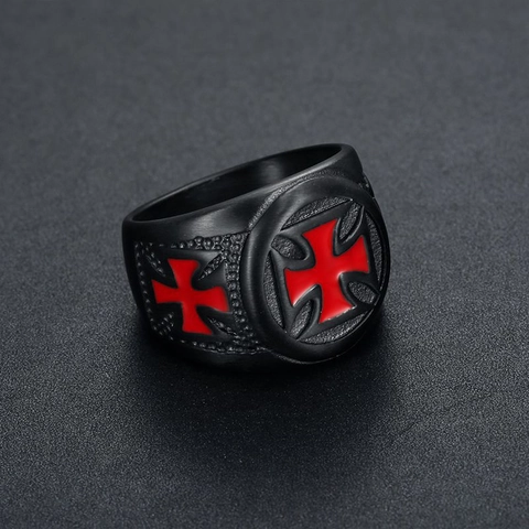 Anello da Uomo in Acciaio al Titanio Nero Vintage Punk Con Croce di Malta Rossa Smaltata Anello a Fascia Gotico Moto Gioielli Regalo