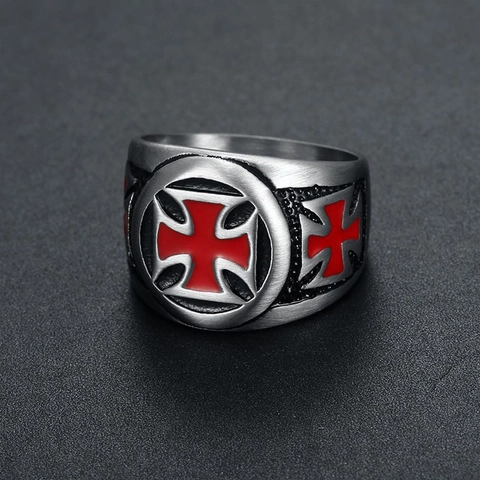 Anello da Uomo in Acciaio Inossidabile 316L Stile Biker Punk Retro Con Croce di Ferro in Smalto Rosso Finitura Spazzolata