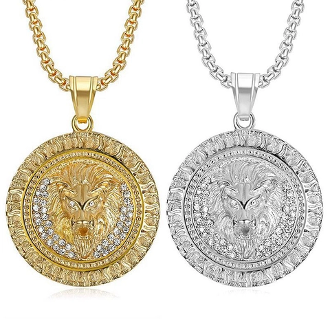 Hip Hop Stainless Steel Lion Head Medallion Pendant Necklace For Men Women Gold Silver Plated Rhinestone Animal Jewelry