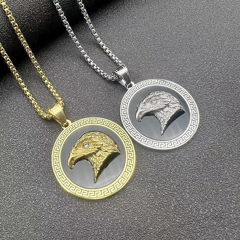 Collar con Colgante de Cabeza de Águila de Acero Inoxidable Hip Hop para Hombre Oro Plata Chapado Patrón de Meandro Strass