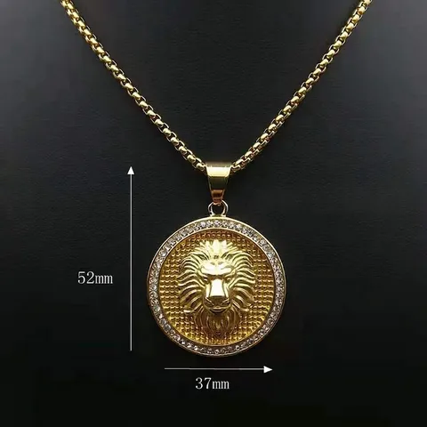 Collana Con Ciondolo Testa di Leone Hip Hop in Acciaio Inossidabile Con Strass Gioielli Placcati in Oro Sotto Vuoto Uomo Donna