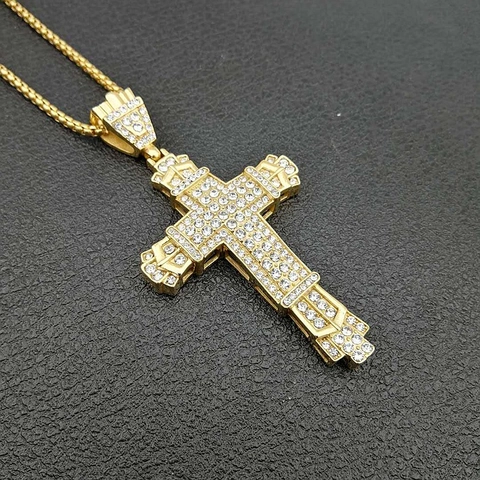 Collana Hip Hop con Ciondolo a Croce in Acciaio Inossidabile Placcato Oro con Strass Pavé per Uomo e Donna Design a Livelli